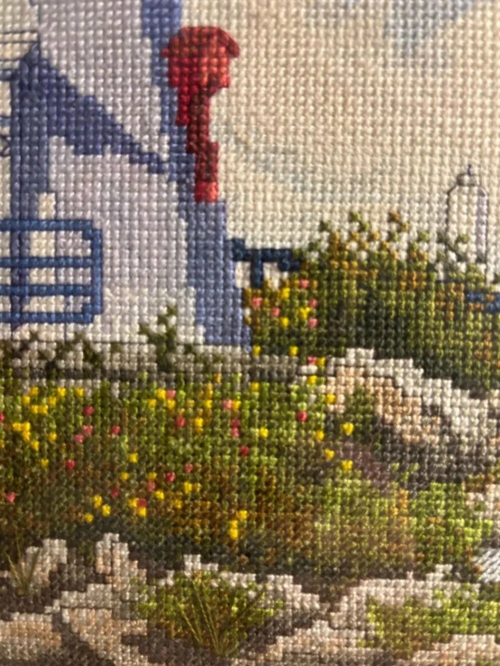 Framed Cross-Stitch Cheboygan Crib Lighthouse Artwork - Nautical Wall Decor